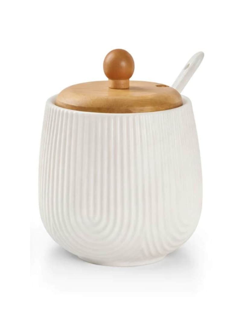 Açucareiro de Porcelana 360ml Branco com Colher e Tampa de Bambu – Hauskraft