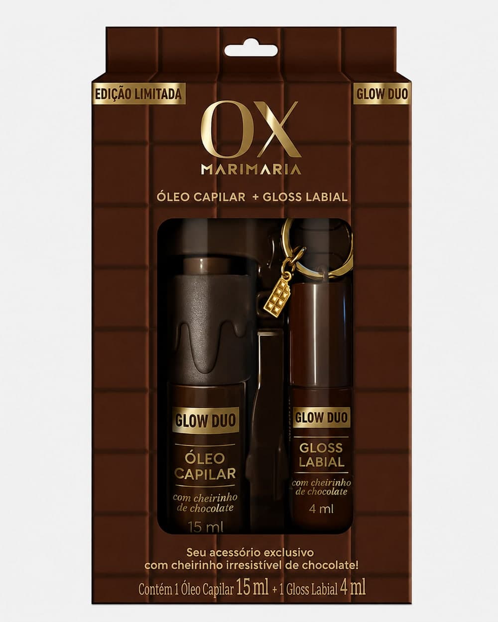Kit OX Óleo Capilar 15ml + Gloss Labial Chocolate Glow – caixa – Mari Maria